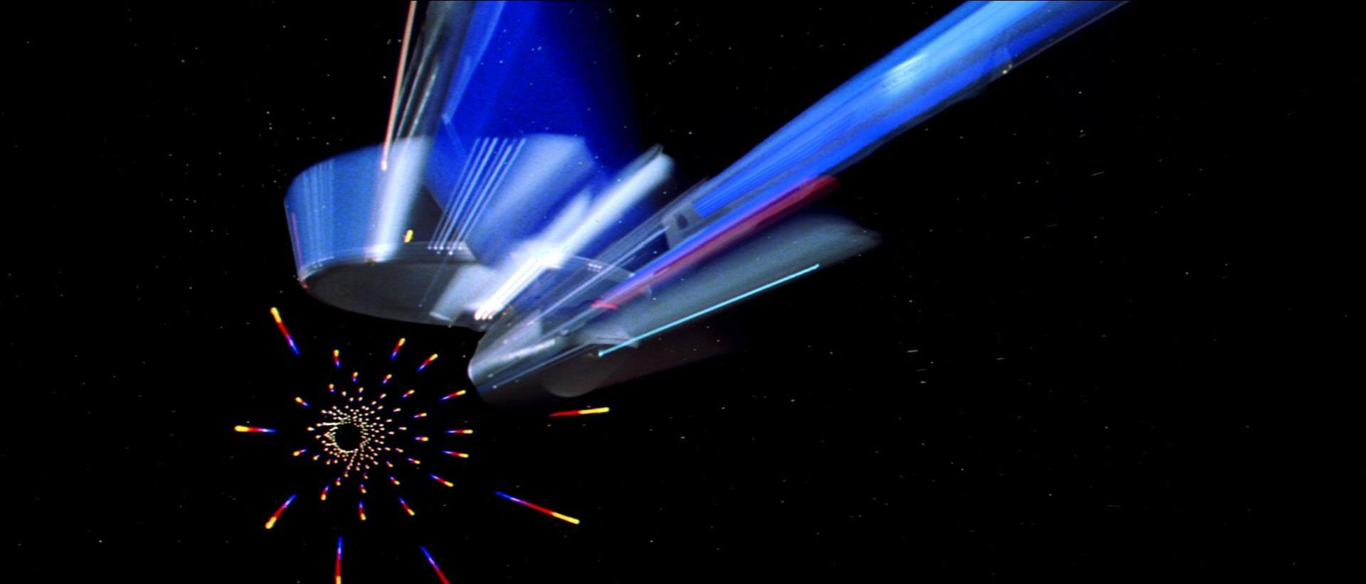 The Starship Enterprise enters warp speed.
